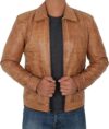 Reeves Yellow Distressed Leather Jacket Mens - Image 3