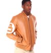 Mens 8 Ball Light-Brown Bomber Leather Jacket - Image 5