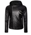 Mens Black Leather Motorcycle Jacket with Hoodie