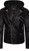 Mens Black Leather Motorcycle Jacket with Hoodie - Image 3