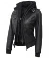 Women's Black Leather Bomber Jacket with Removable Hoodie