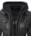 Women's Black Leather Bomber Jacket with Removable Hoodie - Image 4