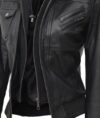 Women's Black Leather Bomber Jacket with Removable Hoodie - Image 3