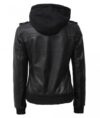 Women's Black Leather Bomber Jacket with Removable Hoodie - Image 2