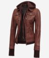 Women's Dark Brown Bomber Leather Jacket With Removable Hood - Image 6