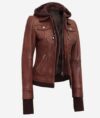 Women's Dark Brown Bomber Leather Jacket With Removable Hood - Image 4