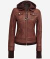 Women's Dark Brown Bomber Leather Jacket With Removable Hood - Image 3