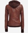 Women's Dark Brown Bomber Leather Jacket With Removable Hood - Image 2