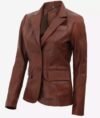 Women’s Premium Two Button Brown Leather Blazer - Image 3