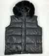 Mens Black Lambskin Leather Vest With Fur HOODED Black Coat