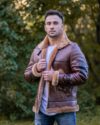Esa Brown Bomber Sheepskin Shearling Jacket with large pockets - Image 4
