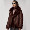 Women Brown Aviator Styled Sheepskin Shearling Leather Jacket - Image 2
