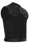 Mens Cordura Fabric Club Denim Motorcycle Vest Genuine Leather Cut Off Waistcoat